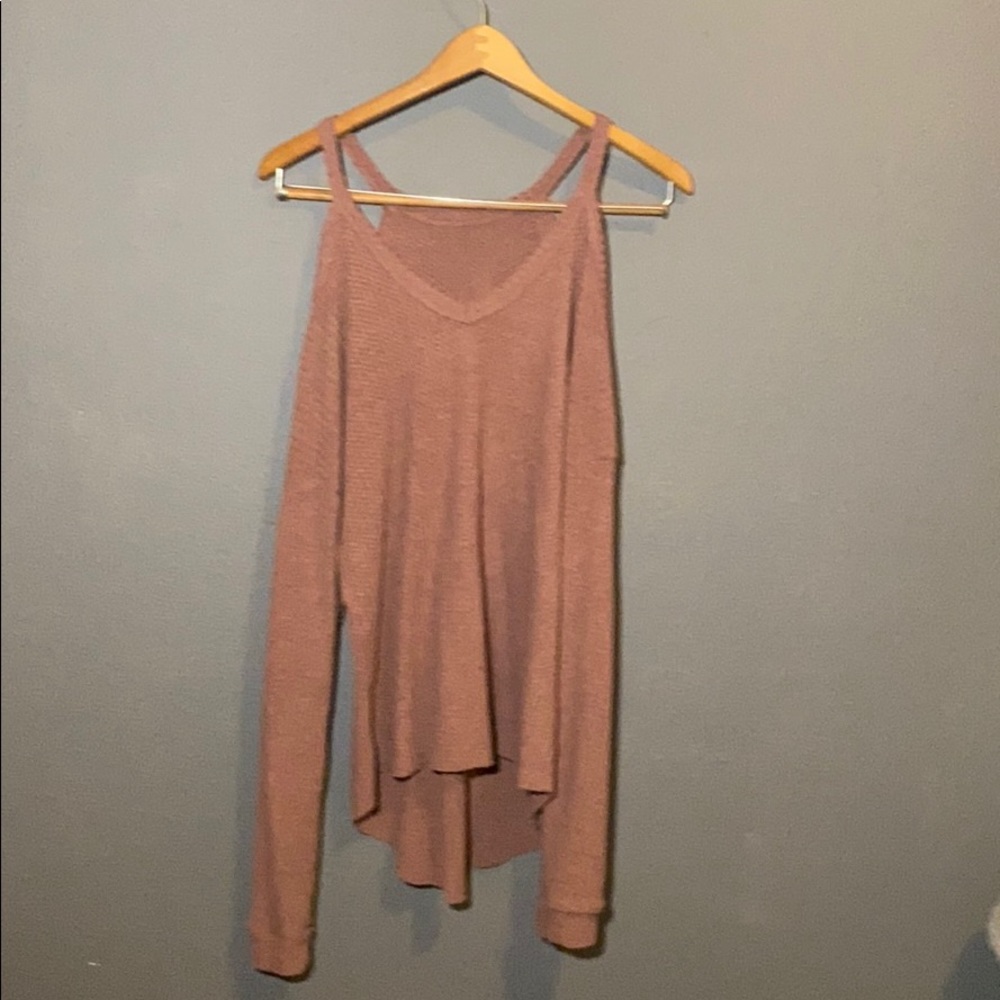 long sleeve waffle knit off shoulder top